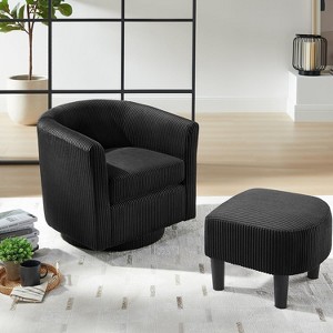 Angel Sar Swivel Accent Chair with Ottoman, Corduroy Upholstered Barrel Chairs, Black - 1 of 4