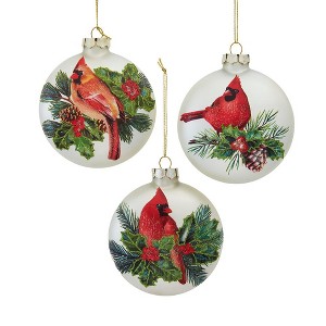Kurt Adler 100MM Glass Cardinal With Holly Berry Flat Ball Ornaments, 3-Piece Box - 1 of 4