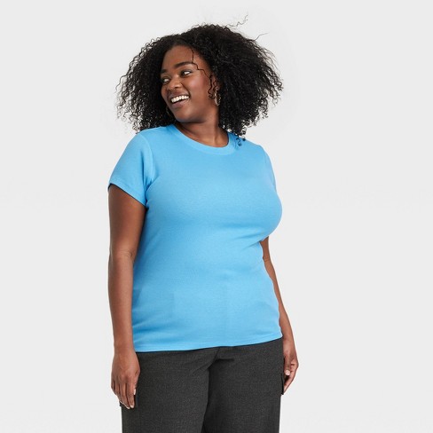 Women's Slim Fit Short Sleeve Ribbed T-shirt - A New Day™ Blue 4x : Target