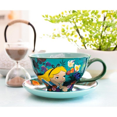 Alice in Wonderland Teal Ceramic Teacup and Saucer Set
