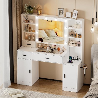 PAKASEPT Morden Vanity Table, Vanity Table With Mirror and Lights & Power, Glass Top Dressing Table With 3 Drawers, 6 Shelves, 2 Cabinets