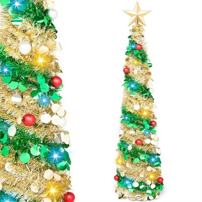 JOYFY 5 FT Tinsel Christmas Tree, Pre Lit Collapsible Tree with 50 LED Lights and Ornaments for Home Holiday Christmas Party Indoor Decoration