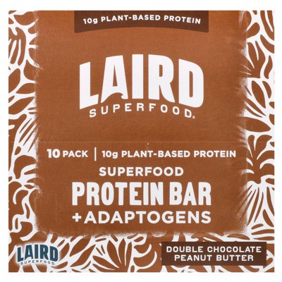 Laird Superfood Superfood Protein Bar + Adaptogens, Double Chocolate Peanut Butter  , 10 Bars, 1.6 oz (45 g) Each
