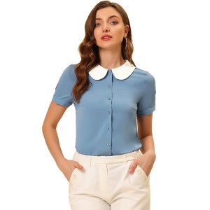 Allegra K Women's Work Office Contrast Peter Pan Collar Short Sleeve Blouse - 1 of 4