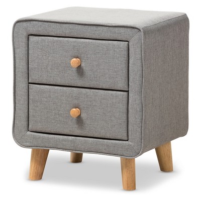 Jonesy Mid-Century Fabric Upholstered 2-Drawer Nightstand: Hardwood, Splayed Legs - Baxton Studio