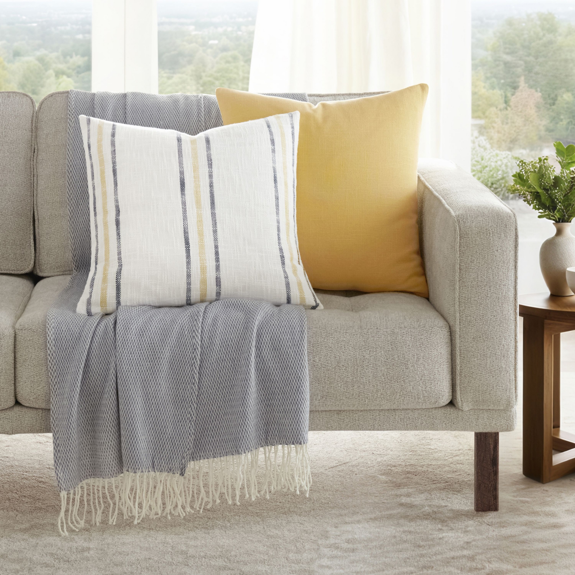 2-Pack Yarn-Dyed Patterns Mustard Throw Pillows in Yarn-Dyed Framed Stripe & Solid - Becky Cameron, Mustard Yarn-Dyed Framed Stripe / Solid, 20 x 20