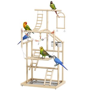 PawHut Bird Playground, 4 Layer Wooden Parrot Play Stand with Ladders, Chain Toy, Stainless Steel Cups and Tray, Bird Cage Accessories for Parakeets - 1 of 4
