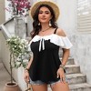 Clearlove Women's Cold Shoulder Vest Bow Design Contrast Short Ruffled Hem Flowy Loose Summer Blouses Party Holiday Shirts - 2 of 4