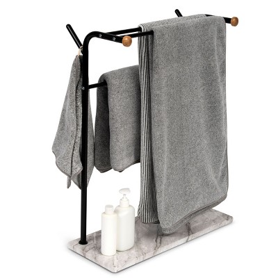 Juvale Free Standing Towel Rack for Bathroom with Marble Base, 3 Tier Black Metal Bath Towel Stand Holder with 4 Hooks