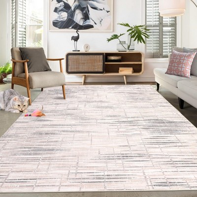 8x10 Rugs Non-Slip ¨C Modern Boho Abstract Area Rug Stain-Resistant Low Pile Carpet | Machine Washable Ivory Accent Rug with TPR Backing