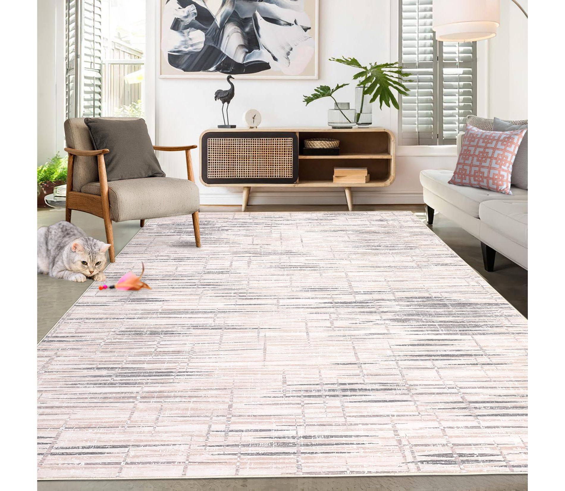 8x10 Rugs Non-Slip ¨C Modern Boho Abstract Area Rug Stain-Resistant Low Pile Carpet | Machine Washable Ivory Accent Rug with TPR Backing