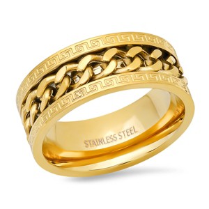 Steeltime Men's stainless steel cuban chain inlay and greek key accents band ring. Color Options: Silver, Gold. Size 9-12 - 1 of 4