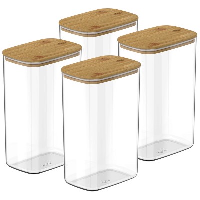 OU Airtight Food Storage Container Set 8pc (set of 4) Clear Plastic Storage Container w Leak Proof Bamboo Lid, Stackable Kitchen Pantry Organizer Jars