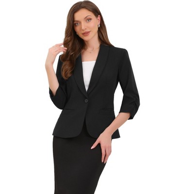 Allegra K Women 3/4 Sleeve Shawl Lapel Pocket Single Button Office Work Blazer