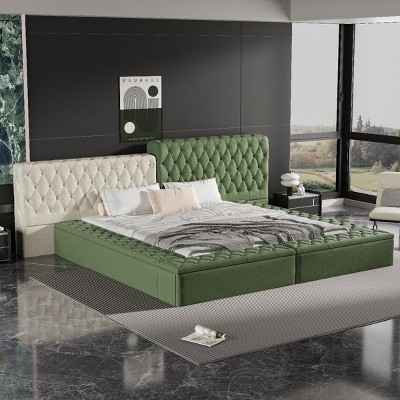 King Size Special-Shaped Upholstered Bed,Deep Button Tufting Bed with Padded Headboard, Bed with Storage in Rails and Footboard-Baofuwish