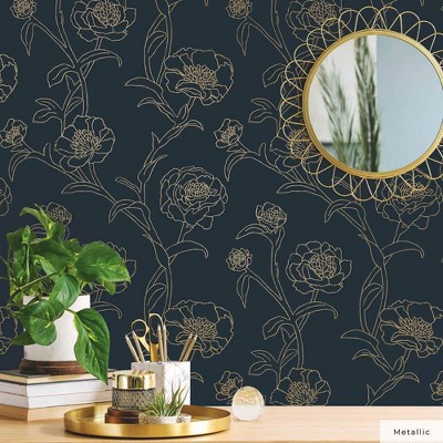 Peacock Blue and Gold Floral Peel and Stick Wallpaper