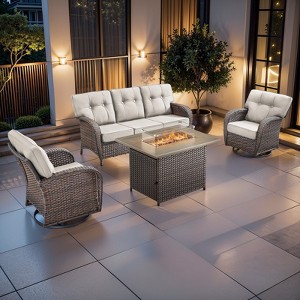 Buenhomino 4PCS PE Rattan Conversation Set with Outdoor Fire Table, Brown Wicker Swivel Patio Chairs with Sofa and Propane Fire Pit Table - 1 of 4