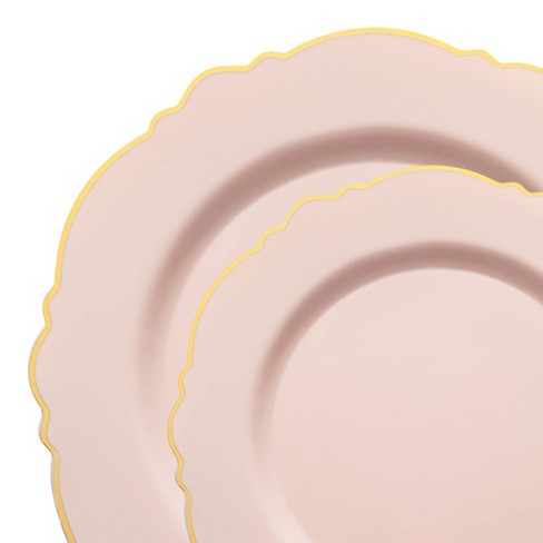 Smarty Had A Party Pink with Gold Rim Round Blossom Disposable Plastic Dinnerware Value Set (120 Dinner Plates and 120 Salad Plates) - image 1 of 2