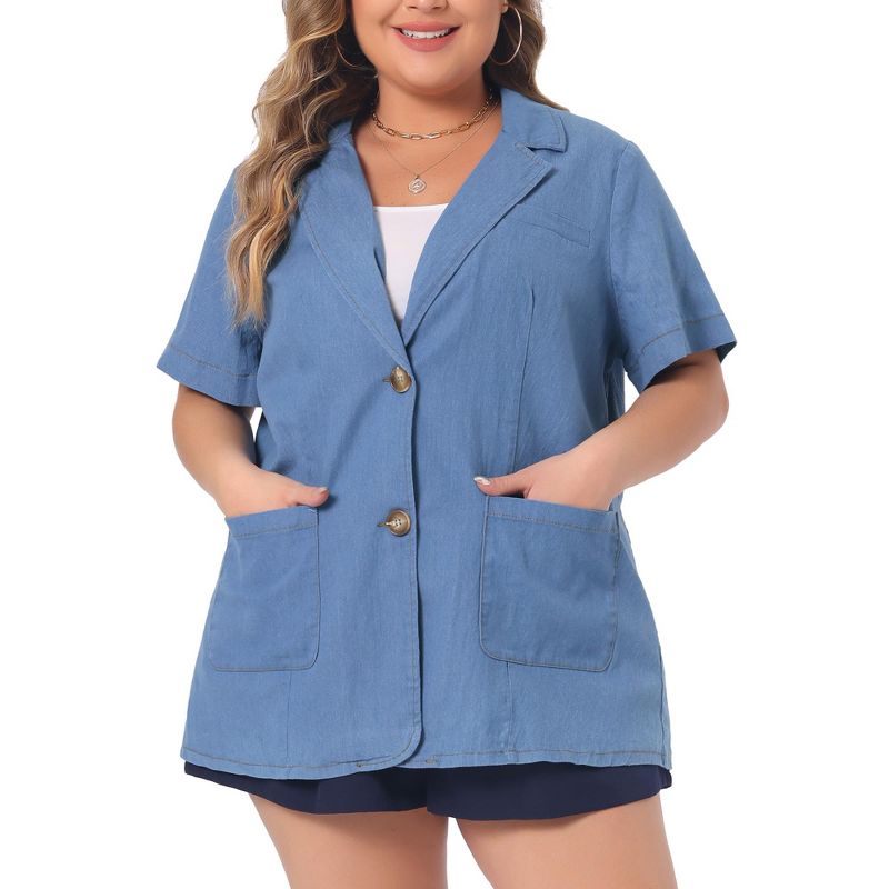 Agnes Orinda Women's Plus Size Notched Lapel Collar Short Sleeve Pocket Button Down Chambray Shirts, 2 of 6