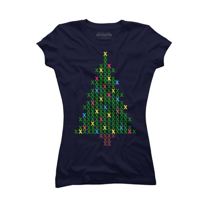 Junior's Design By Humans Christmas Tree Cross Stitch By BettySue T-Shirt