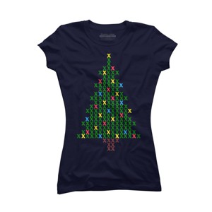 Junior's Design By Humans Christmas Tree Cross Stitch By BettySue T-Shirt - 1 of 3