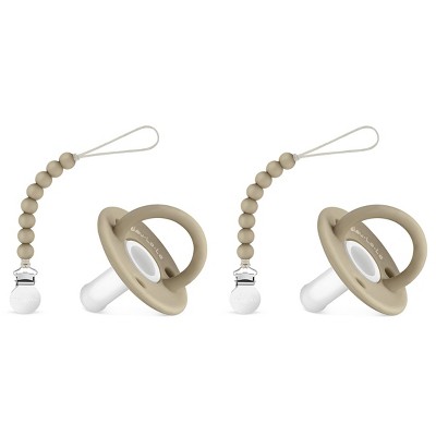 Image of Lulababe Pacfier and Clip Set - Soft Medical Grade Silicone Paci and Clip Holder Newborns and Infants - Khaki + Clear, Stage 1  (0-6m) - 2 Sets