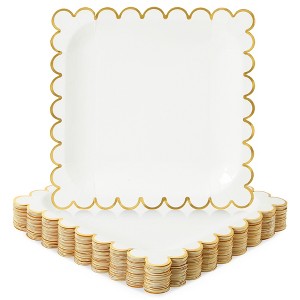 Juvale 48 Pack Square White and Gold Paper Plates with Foil Scalloped Edges for Wedding, Bridal Shower, Birthday, 9 In - 1 of 4