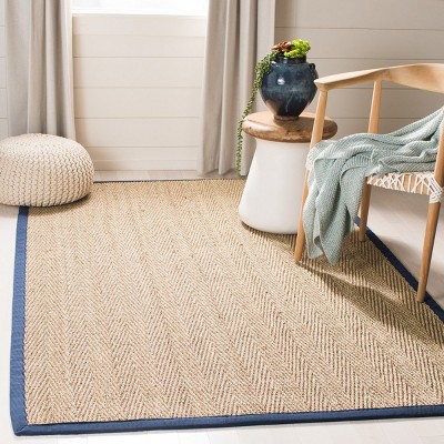 Blue and Natural Flat Woven Herringbone Wool Cotton Rug