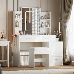 Vanity Desk with Mirror and Lights, Vanity with 6 Drawers and Shelves, Vanity with Stool & 3 Lighting Color Adjustable - 1 of 4
