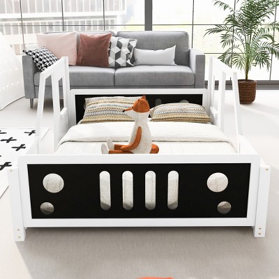 1PC Full Bed Frame, Pine Wood Car-Shaped Platform with Slats, No Mattress Included, Decorative Wheels Design - Baofuwish
