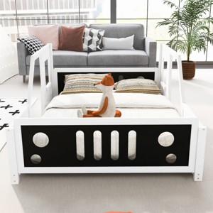 1PC Full Bed Frame, Pine Wood Car-Shaped Platform with Slats, No Mattress Included, Decorative Wheels Design - Baofuwish - 1 of 4