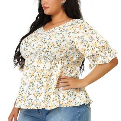 Agnes Orinda Women's Plus Size Floral Ruffle Smock Sleeve V Neck Summer Peplum Blouses