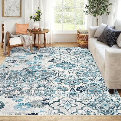 9x12 Washable Rugs for Living Room Low Pile Non-Slip Vintage Floral Area Rug, Non Shedding Soft Accent Carpet, Large Oriental Foldable Floor Mats