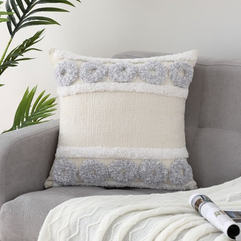 Trinity Boho Donut Tufted Chenille Decorative Throw Pillow Covers, Grey, 18  x 18 Inches