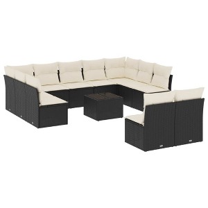 vidaXL 12 Piece Patio Sofa Set with Cushions Black and Cream Poly Rattan - With Table - 1 of 4