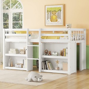 Sapphtopaz Twin Size Low Loft Bed with 2-Tier Shelves,Kids Loft Bed Frame with High Guardrail & Ladder,Space-Saving Beds with LED for Boys&Girls - 1 of 4