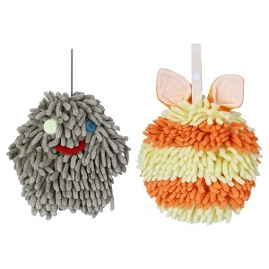 REGALWOVEN 2 Packs Fluffy Chenille Rabbit Shape Cute Soft Absorbent Hanging Ball Hand Towels 7" x 7" - 1 of 4