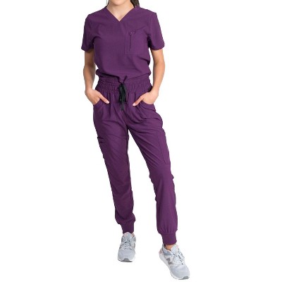 Medgear Fleur Women's Stretch Scrub Set with Zip Chest Pocket Top and Knit Rib Cuffs Jogger Pants