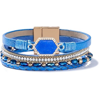 Crystal Beaded Leather Wrap Bracelet with Resin Stone Center, Stackable Boho Cuff with Magnetic Clasp for Women