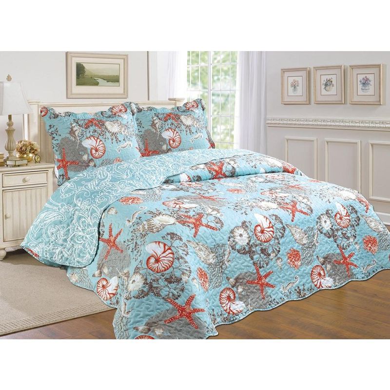 J&V TEXTILES Blue Pattern Traditional Printed Reversible Premium Quilt Sets (2-or3-Piece), 1 of 4