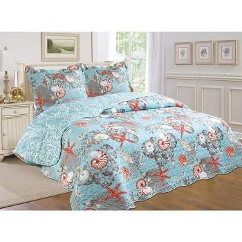 J&V TEXTILES Blue Pattern Traditional Printed Reversible Premium Quilt Sets (2-or3-Piece)