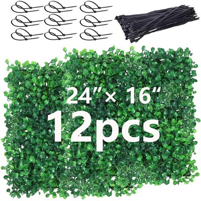Artificial Boxwood Wall Panels, 10"x10" Faux Greenery Wall with 100 Zip Ties, UV-Protected Grass Wall Panels