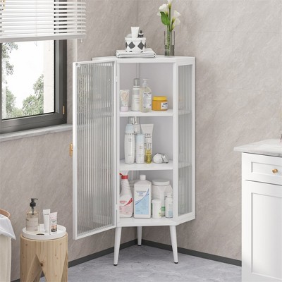22.25'' Floor Coner Cabinet,Three Tiers with Tempered Glass Doors and Storage Cabinet Shelves for Bathroom, Living Room and Bedroom (White)