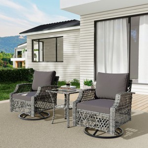 EROMMY 3 Piece Outdoor Swivel Chair Set, Wicker Patio Bistro Set With Thickened 25D Cushions And Glass Coffee Table - 1 of 4