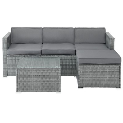 Gray 3-Piece Rattan Outdoor Sofa Set with Cushioned Ottoman and Glass-Top Table