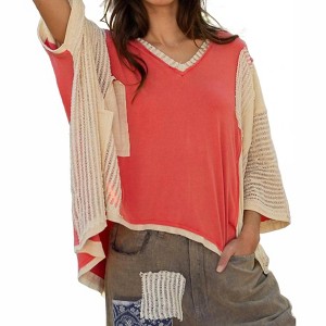 Women's Oversized High Low Contrast V-neck Top - POL L - 1 of 3