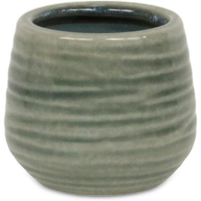Cheung's Fairloam Round Curved Wave Lined Pattern Ceramic Pot- Small - Green