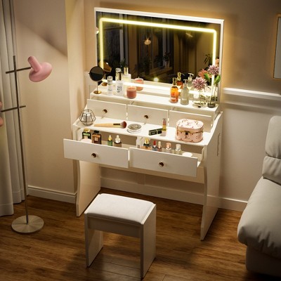 COMHOMA Vanity Desk with Mirror and Lights, Built-in Charging Station, Makeup Vanity Table and Chair Set, 3 Color Modes