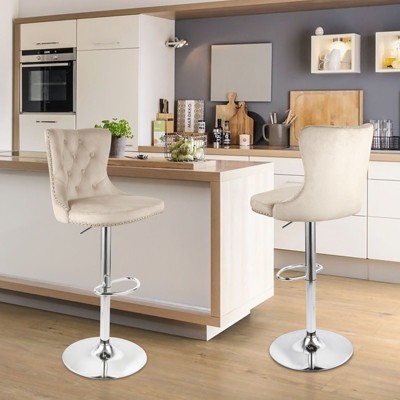 Sapphtopaz Modern Velvet Bar Stools Set of 2 with Button Tufted Upholstered Swivel Counter Height Bar Stools with Nailhead for Kitchen Island