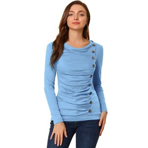 Allegra K Women's Cowl Neck Long Sleeves Buttons Decor Solid Ruched Top - 1 of 4
